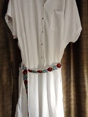 55% Linen White Button-Front Maxi  Dress with Handmade Embroidered Floral Belt